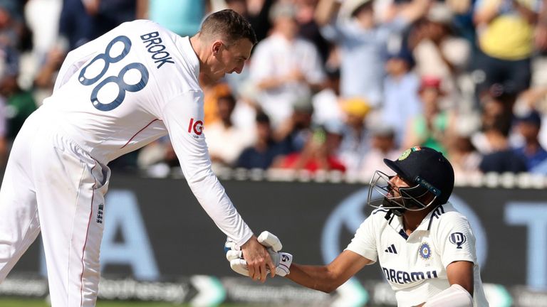 England's Harry Brook shakes hands with India's Mohammed Siraj after their win against India during the fifth day of the third cricket test 