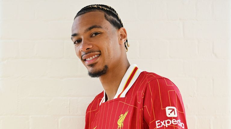 New signing Hugo Ekitike poses in a Liverpool shirt