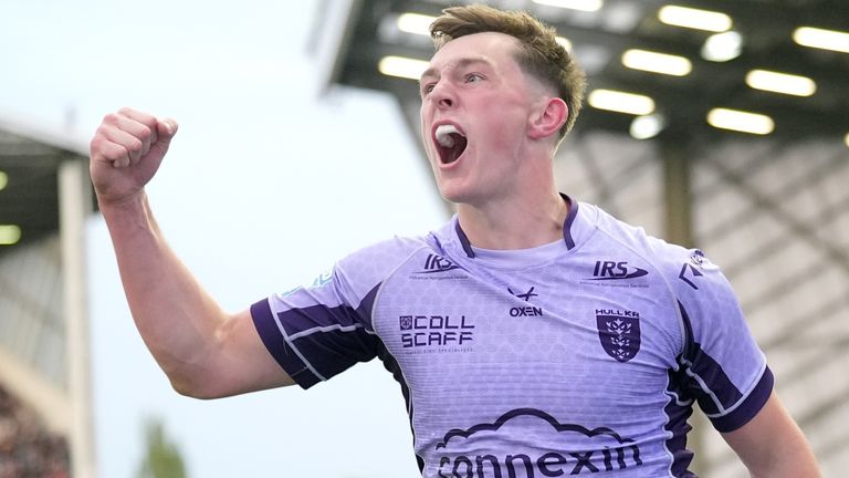 Jack Broadbent celebrates a try for Hull KR as they extend their lead in the Super League