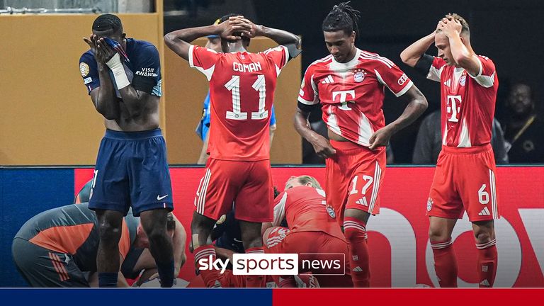 Bayern Munich&#39;s Jamal Musiala lies on the ground during the Club World Cup quarterfinal soccer match between PSG and Bayern Munich