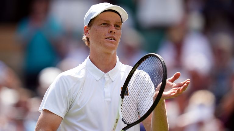 Jannik Sinner celebrates following his match against Luca Nardi on day two of the 2025 Wimbledon Championships at the All England Lawn Tenni