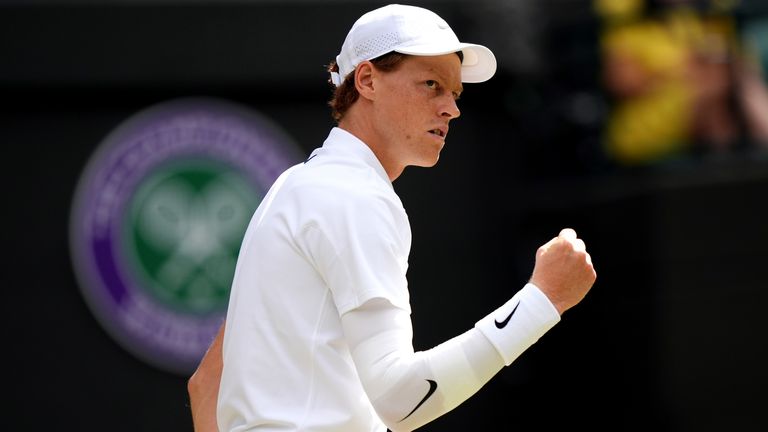Jannik Sinner reacts during his Gentlemen's Singles match against Ben Shelton on day ten of the 2025 Wimbledon Championships at the All Engl
