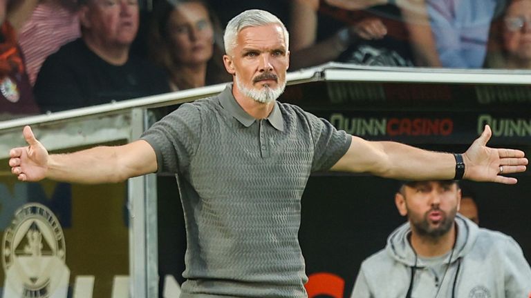 DUNDEE, SCOTLAND - JULY 24: Dundee United Manager Jim Goodwin looks dejected during a UEFA Conference League Second Round Qualifier First Leg match between Dundee United and FC UNA Strassen at Tannadice Park, on July 24, 2025, in Dundee, Scotland. (Photo by Ewan Bootman / SNS Group)