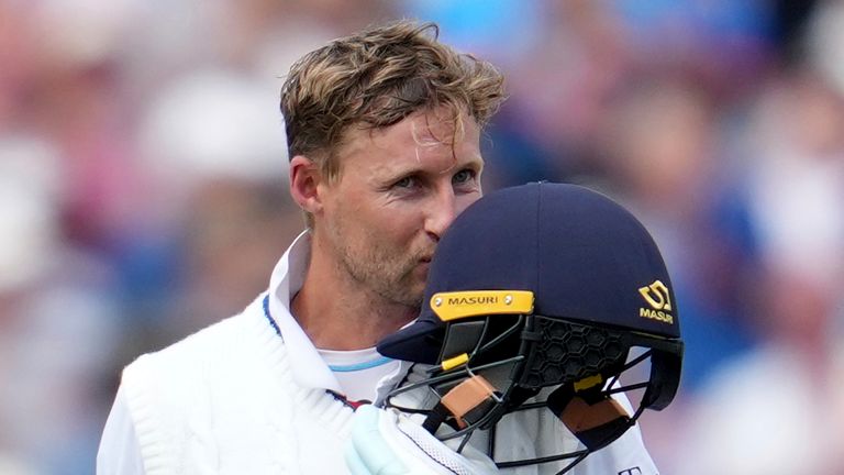 England's Joe Root celebrates after scoring a century on the third day of the fourth cricket test match between England and India at Emirates Old Trafford, Manchester, England, Friday, July 25, 2025. (AP Photo/Jon Super)