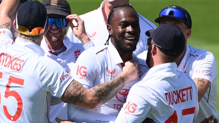 Jofra Archer celebrates his comeback Test wicket for England