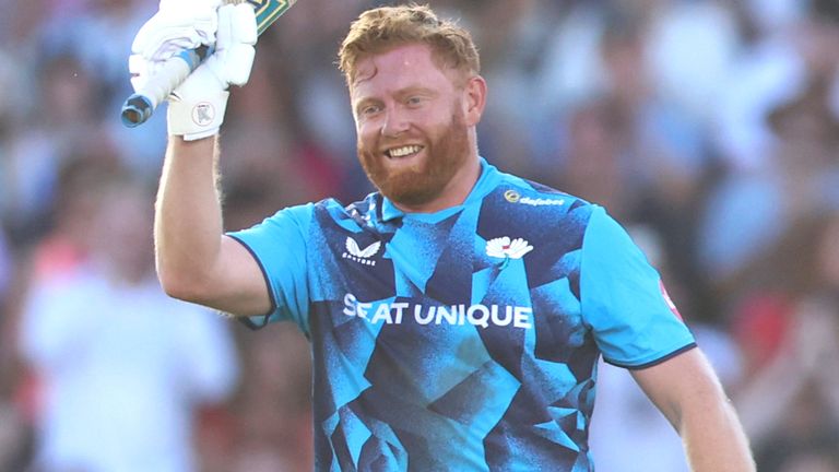 Jonny Bairstow celebrates his ton against Lancashire for Yorkshire in the Vitaly Blast at Old Trafford