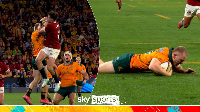 Max Jorgensen recovered the ball from Hugo Keenan in the air to score in the corner for Australia