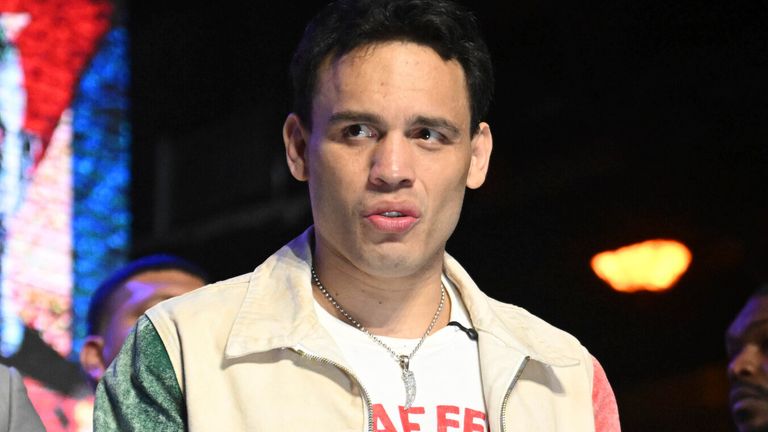 Julio Cesar Chavez Jr., Mexico's former world champion, during a boxing news conference at the Avalon Hollywood Theatre in Los Angeles, Wednesday, May 14, 2025. (Kirby Lee via AP)