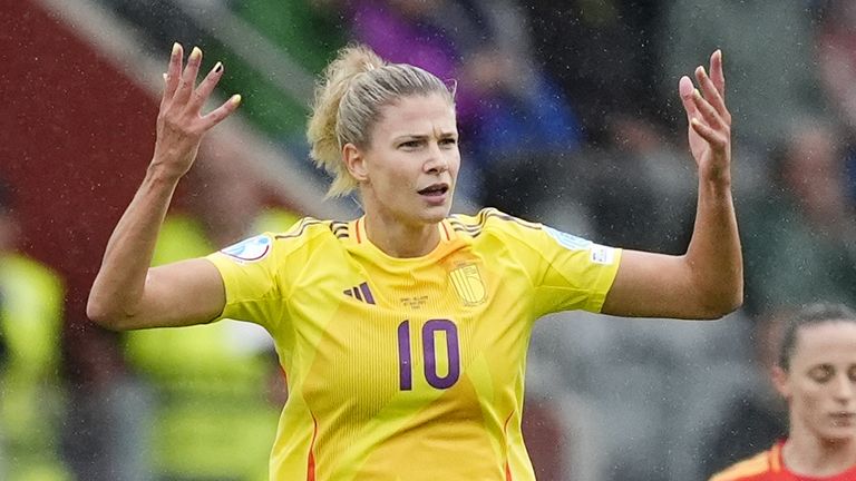Belgium's Justine Vanhaevermaet celebrates scoring her side's equaliser against Spain at Euro 2025