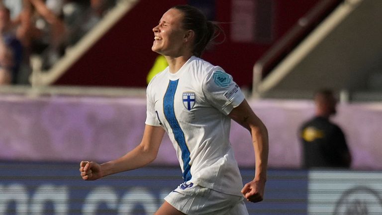 Finland 's Katariina Kosola celebrates after scoring her side's first goal