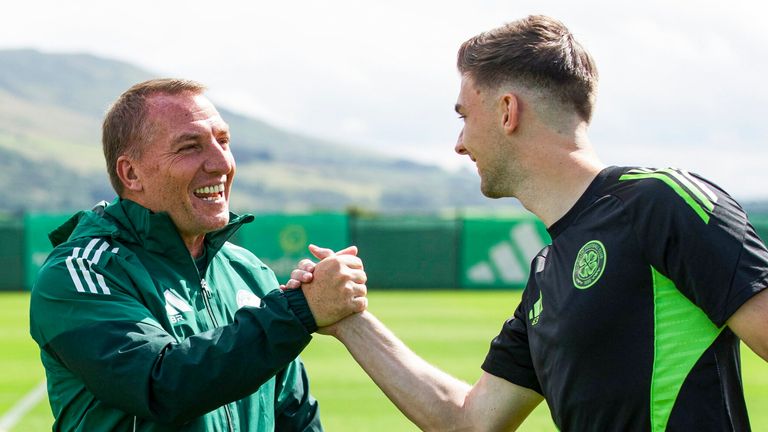 GLASGOW, SCOTLAND - JULY 18: Celtic Manager Brendan Rodgers (L) and Kieran Tierney during a Celtic training session at Lennoxtown Training Complex, on July 18, 2025, in Glasgow, Scotland. (Photo by Craig Williamson / SNS Group)