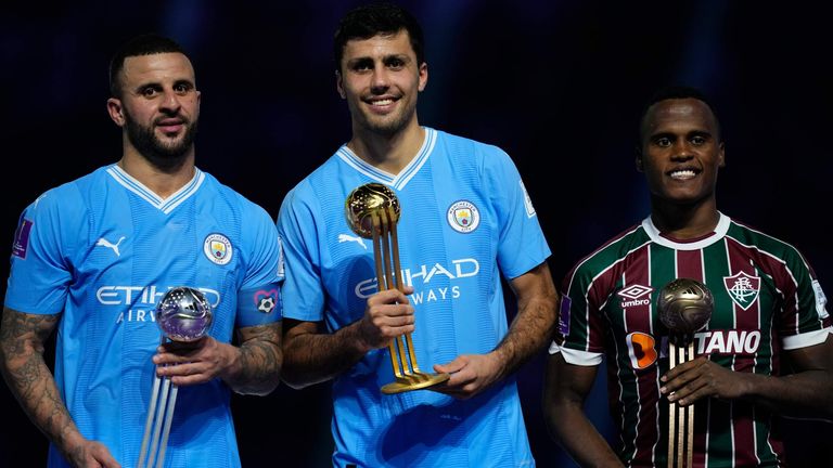Kyle Walker, Rodri and Jhon Arias pose after the final of the Club World Cup between Man City and Fluminense in 2023