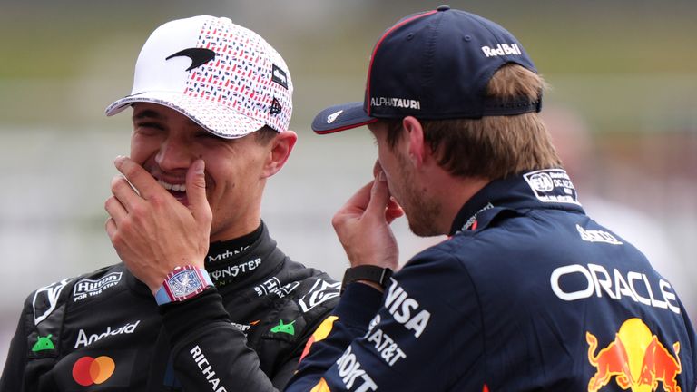 Lando Norris and Max Vertsappen laugh after qualifying for the British Grand Prix