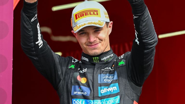 Lando Norris celebrates his British GP win