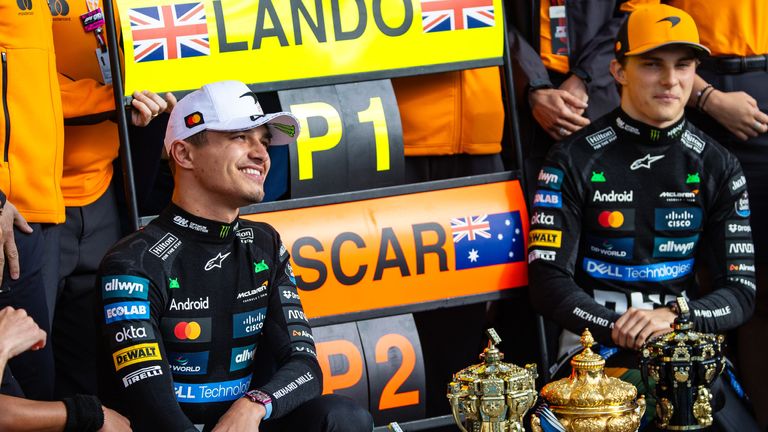 Lando Norris and Oscar Piastri celebrate McLaren's one-two in the 2025 British Grand Prix