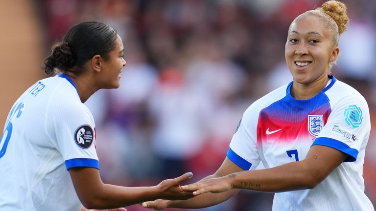 Lauren James celebrates her goal against Netherlands with Lionesses team-mate Jess Carter
