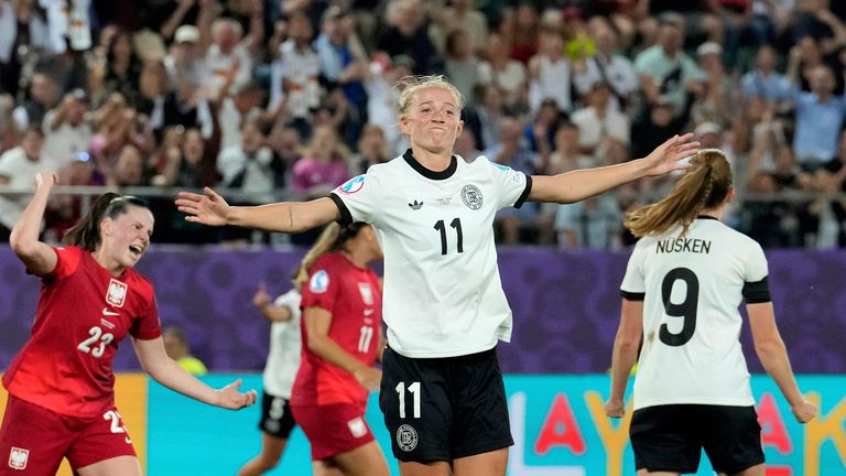 Germany Lea Schueller famous after scoring the second goal of its team during Euro 2025, group C, football match between Germany and Poland at Arena St. Gallen in St. Gallen, Switzerland, Friday July 4, 2025. (AP Photo / Martin Meissner)