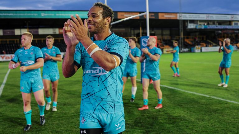 Leroy Cudjoe of Huddersfield celebrates their third win of the Super League season