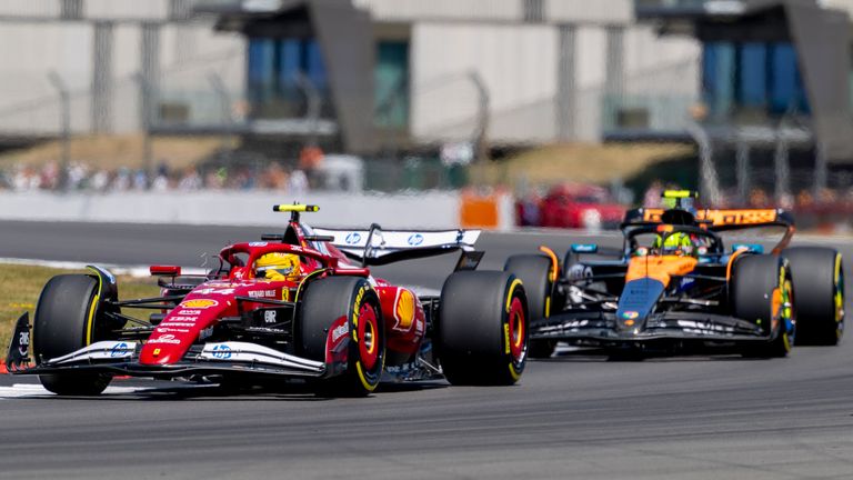 NORTHAMPTONSHIRE, ENG - JULY 04: Lewis Hamilton of the United Kingdom and Team Ferrari (44) and Lando Norris of the United Kingdom and Team McLaren (4) during FP1 session at the F1 Grand Prix of Great Britain on July 04, 2025 at Silverstone Circuit in Northampton, England. (Photo by Bob Kupbens/Icon Sportswire) (Icon Sportswire via AP Images)