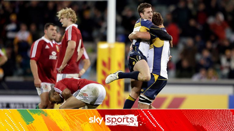 ACT Brumbies' players Ian Pior, second right, and Etienne Oosthuizen celebrates next to British and Irish Lions player Simon Zebo and Richie Gray after winning their rugby tour match in Canberra, Australia, Tuesday, June 18, 2013. The Brumbies won the match 14-12.