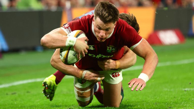 Huw Jones scores the British and Irish Lions' seventh try against Queensland Reds
