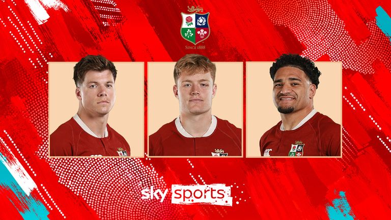 British and Irish Lions players Huw Jones, Fin Smith and Sione Tuipulotu