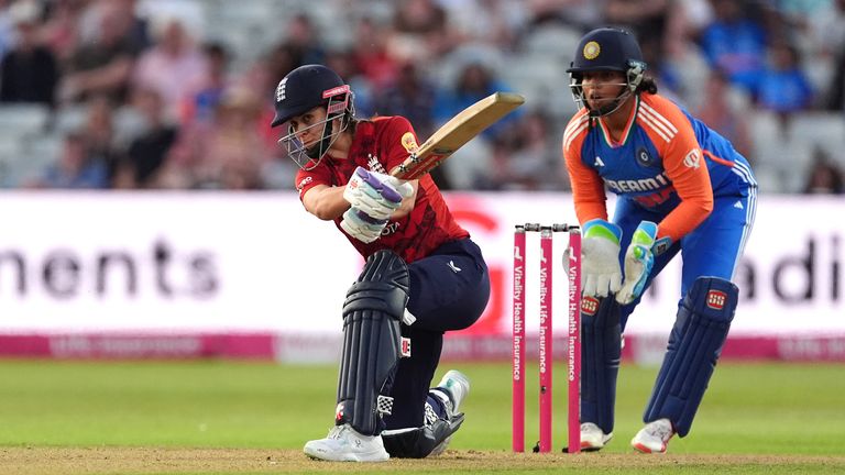 England's Maya Bucher is in action during the Fifth Women's International T20 match in Birmingham's Edgbeston.