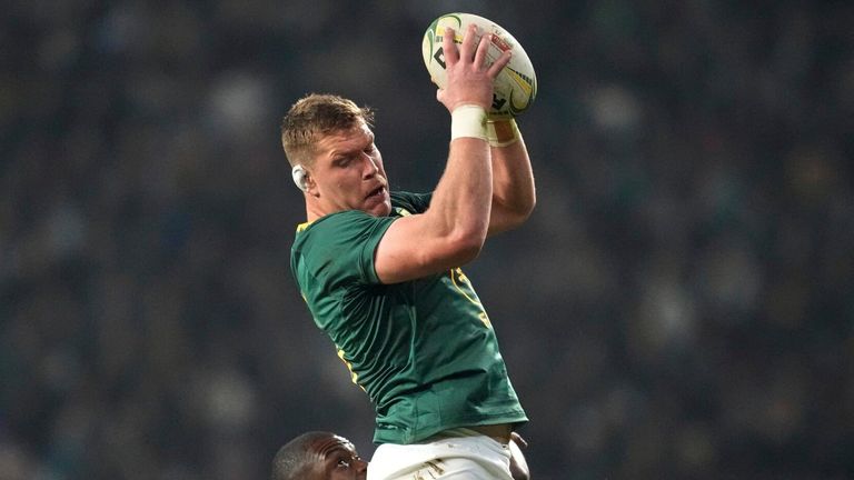 South Africa's Marco van Staden wins a line out against Italy's Alessandro Izekor.