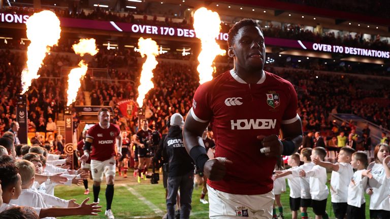 The captain of the British and Irish lions Maro Itoje leads his team on the ground in Brisbane