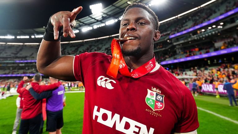 Maro Itoje of the British and Irish Lions celebrates a series victory following the Qatar Airways Lions Tour 2025, second test match at the 