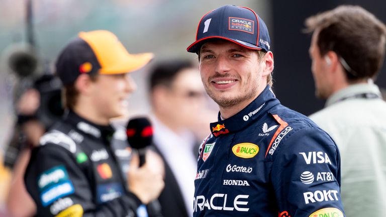 Max Verstappen smiles after finishing on pole position for the British Grand Prix (Photo by Bob Kupbens/Icon Sportswire via AP Images)