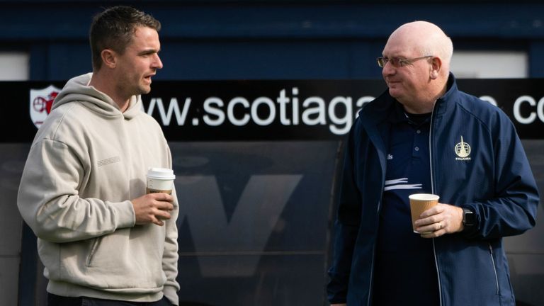 KIRKCALDY, SCOTLAND - SEPTEMBER 28: Falkirk Manager John McGlynn (R) and former Falkirk player Stephen McGinn (L) pre-match during a William Hill Scottish Championship match between Raith Rovers and Falkirk at Stark's Park, on September 28, 2024, in Kirkcaldy, Scotland. (Photo by Paul Devlin / SNS Group)