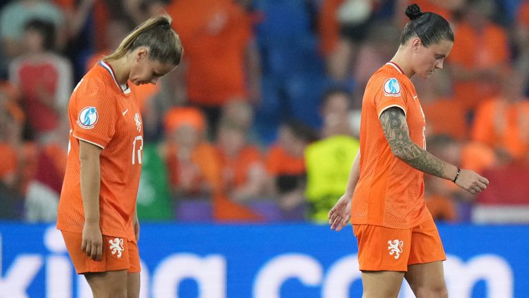 Victoria Pelova of the Netherlands, on the left, and Sherida Spitse reacts at the end of Euro 2025 for women
