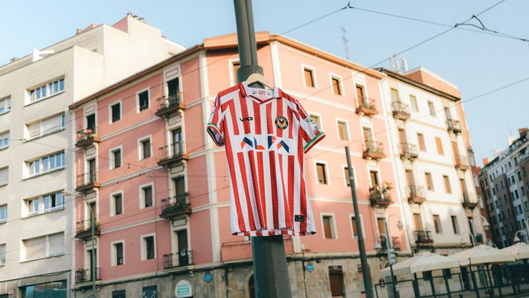 Newport County's new away shirt being proudly displayed in Bilbao
