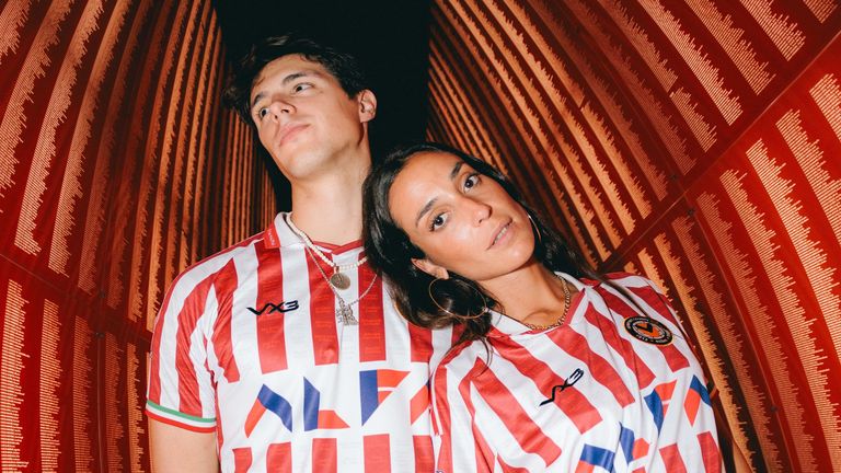 Newport County's away shirt being modelled in Bilbao