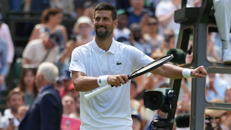 Novak Djokovic interacts from Serbia after beating Daniel Evans from Britain during the men's individual match in the second round of Wimbledon Tennis 