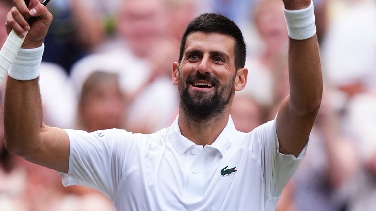 Novak Djokovic celebrates his 100th win at Wimbledon 