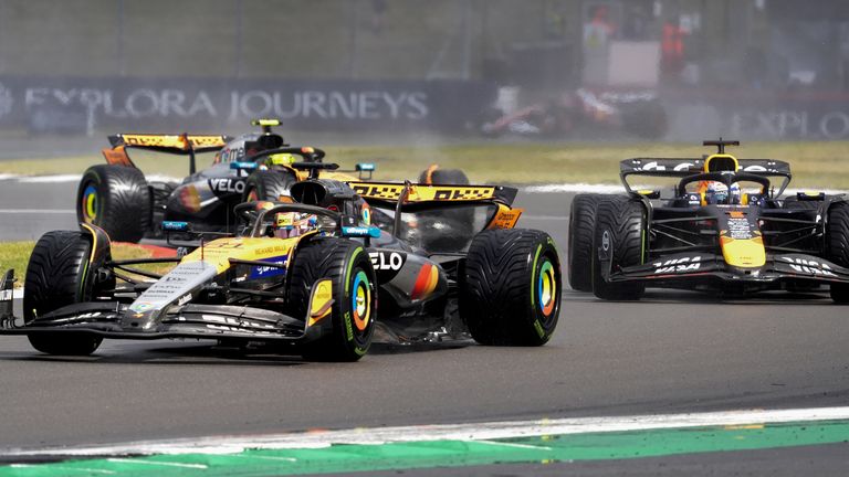 Oscar Piastri leads Max Verstappen and Lando Norris in the British GP
