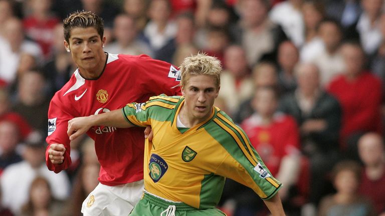 Manchester United's Cristiano Ronaldo attempts to get the better of Norwich City's Paul McVeigh in 2004