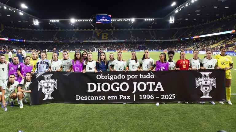 Portugal's players posed with a banner paying tribute to Diogo Jota after their opening Euro 2025 defeat to Spain
