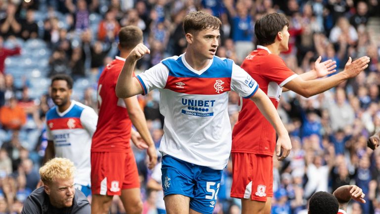 Rangers' Findlay Curtis celebrates after scoring to make it 2-2 vs Middlesbrough