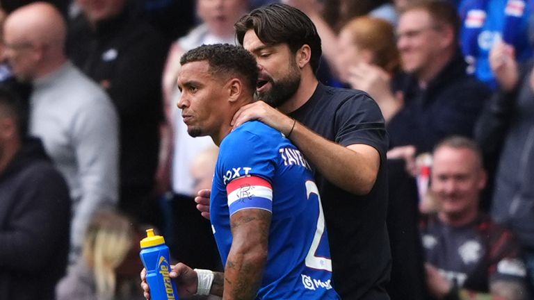 Russell Martin advises Rangers captain James Tavernier on touchline