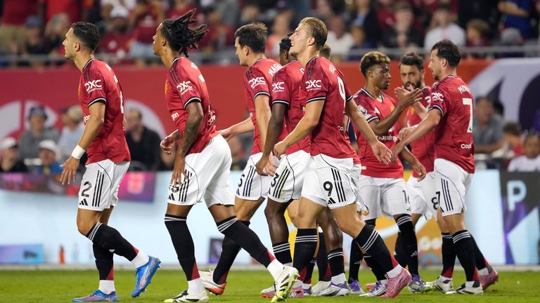 Rasmus Hojlund of Manchester United celebrates after scoring against Bournemouth during the Premier League Summer Series