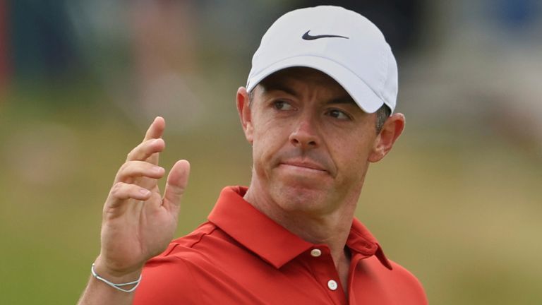 Rory McIlroy of Northern Ireland celebrates after getting a birdie on the 1st green during the third round of the British Open golf championship at the Royal Portrush Golf Club, Northern Ireland, Saturday, July 19, 2025. (AP Photo/Peter Morrison)
