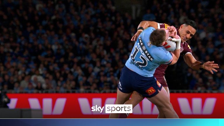 Queensland's Val Holmes made a massive tackle during the State of Origin decider against New South Wales.