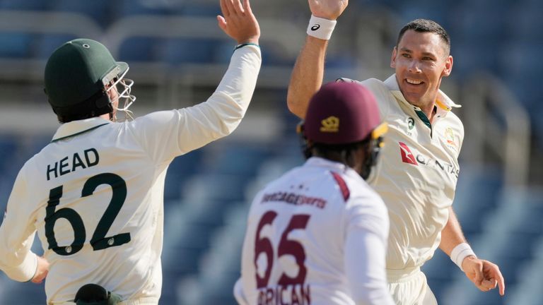 The Australian Scott Boland celebrates after taking Wikit Gommel Warrik in the West Indies for a tribe