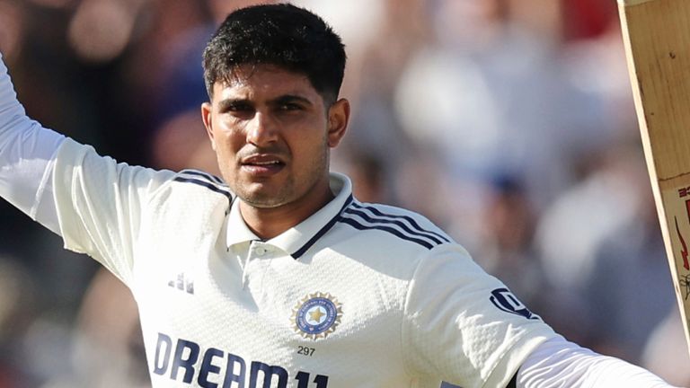India Test captain Shubman Gill celebrates his century at Edgbaston in July 2025 (Associated Press)