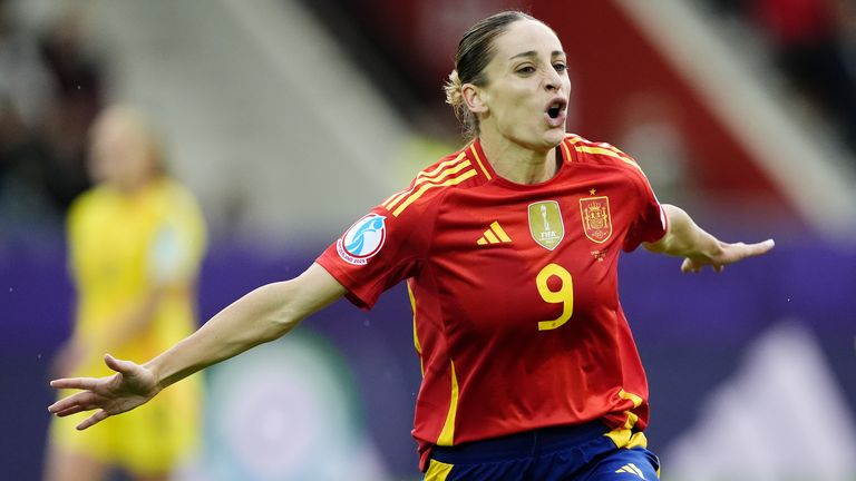 Spain's Esther Gonzalez celebrates scoring her side's third goal against Belgium at Euro 2025