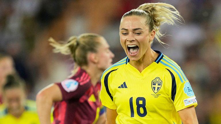 Sweden's Fridolina Rolfo celebrates after scoring against Germany