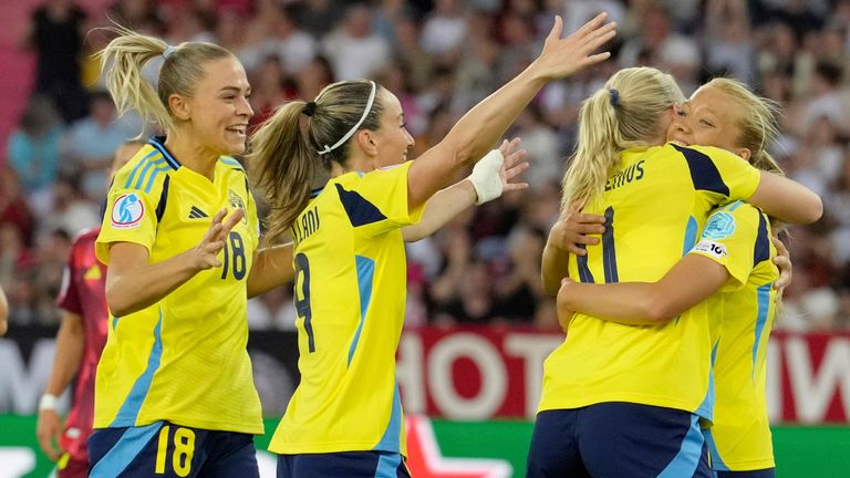 Sweden Smilla Holmberg, on the right, famous after scoring the second goal of its team